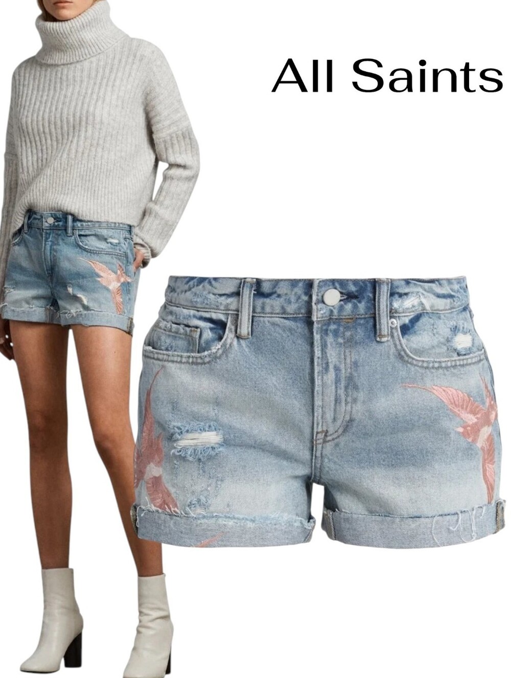 NEW ALLSAINTS Birds Pam Embroidered Distressed Denim Shorts -w28